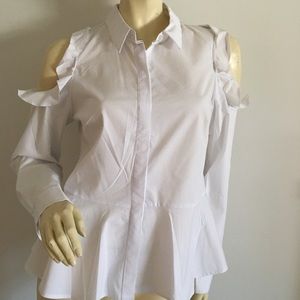 White cold shoulder peplum button down with ruffle trim